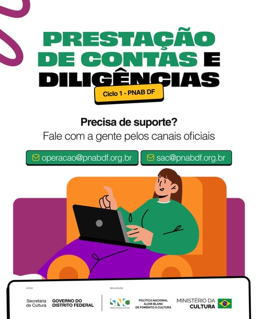 Arte original publicada pela PNAB-DF no Instagram: Ciclo 1: PNAB DF orienta proponentes sobre prestação de contas e diligências